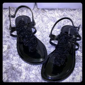 New black patin leather beaded sandals